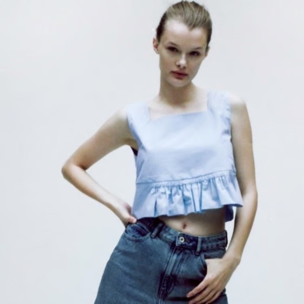 Zara Light Blue Ruffled Crop Tank Top